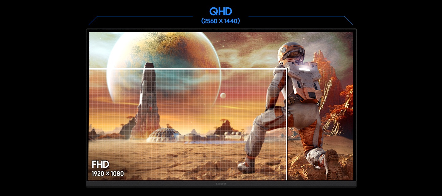 모니터 화면의 일부는 FHD 화질로, 일부는 QHD 화질로 비교하여 차이를 보여줍니다.