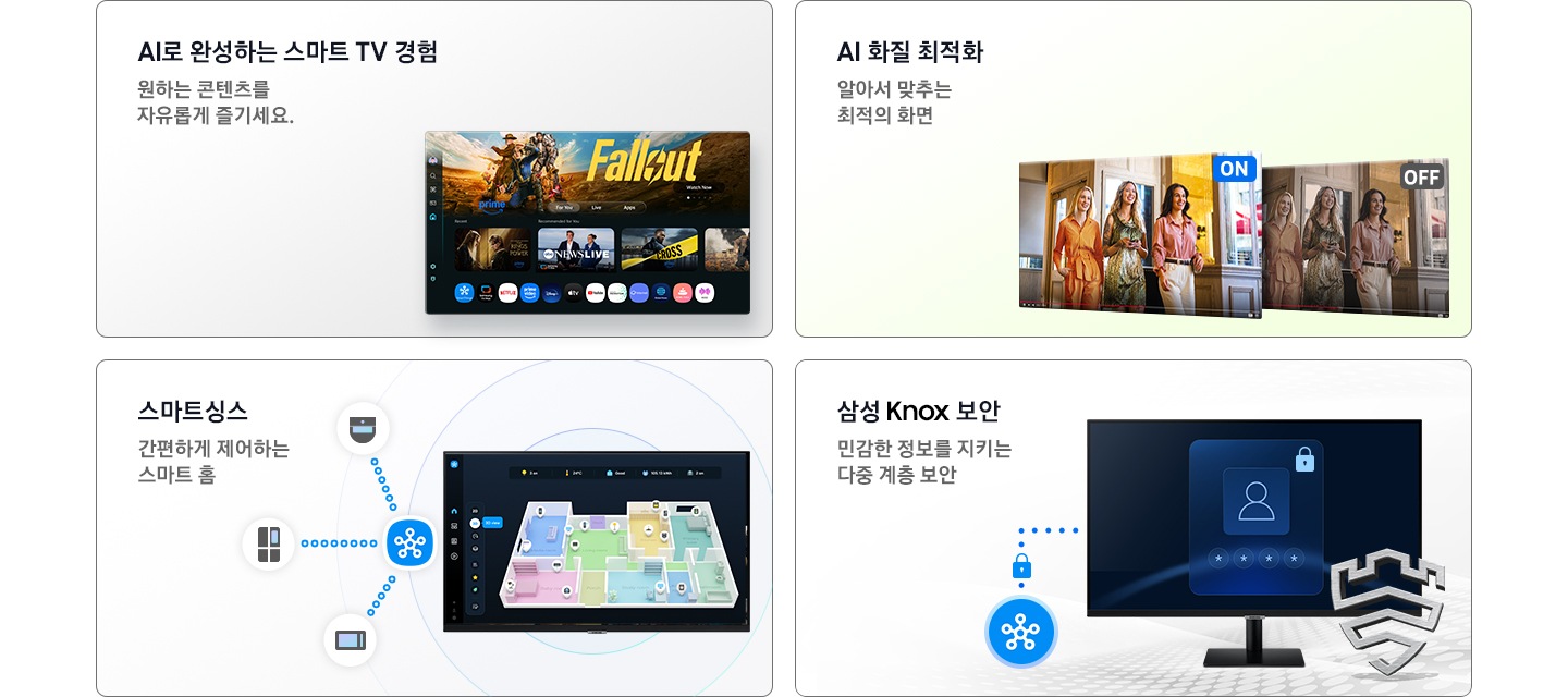 스마트 모니터의 4가지 특장점을 보여줍니다. 첫번째는 AI 스마트TV 경험이며, 틀릭 투 서치로 쉽게 찾고 즐기는 컨텐츠라고 설명하고 있습니다. 우측 하단에는 스마트 TV 앱 화면이 보여집니다. 두번째는 AI 화질 최적화이고, 알아서 맞추는 최적의 화면이라고 설명하고 있습니다. 하단에는 화면 두개가 보여집니다. 그 중 우측 화면에는 어둡고 선명하지 않은 색상의 화면이 보여지며 OFF 아이콘이 표시되어 AI 화질 최적화 기능이 꺼진 화면을 보여줍니다. 좌측 화면에는 밝고 선명한 화면이 보여지며 ON 아이콘이 표시되어 AI 화질 최적화 기능이 켜진 화면을 보여줍니다. 세번째는 스마트싱스이고, 간편하게 제어하는 스마트 홈이라고 설명하고 있습니다. 우측 하단에는 집의 구조를 보여주는 조감도 화면이 표시되며, 그 옆에 스마트싱스 아이콘이 보여집니다. 주변에는 파동을 나타내는 원이 있습니다. 마지막으로, 삼성 Knox 보안이며, 민감한 정보를 지키는 다중 계층 보안이라고 설명합니다. 우측 하단에는 삼성 Knox 보안 아이콘과 잠금을 해제하는 화면이 표시되어 있고, 그 옆에 스마트싱스 아이콘이 보여집니다.