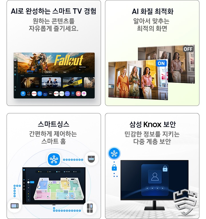스마트 모니터의 4가지 특장점을 보여줍니다. 첫번째는 AI 스마트TV 경험이며, 틀릭 투 서치로 쉽게 찾고 즐기는 컨텐츠라고 설명하고 있습니다. 우측 하단에는 스마트 TV 앱 화면이 보여집니다. 두번째는 AI 화질 최적화이고, 알아서 맞추는 최적의 화면이라고 설명하고 있습니다. 하단에는 화면 두개가 보여집니다. 그 중 우측 화면에는 어둡고 선명하지 않은 색상의 화면이 보여지며 OFF 아이콘이 표시되어 AI 화질 최적화 기능이 꺼진 화면을 보여줍니다. 좌측 화면에는 밝고 선명한 화면이 보여지며 ON 아이콘이 표시되어 AI 화질 최적화 기능이 켜진 화면을 보여줍니다. 세번째는 스마트싱스이고, 간편하게 제어하는 스마트 홈이라고 설명하고 있습니다. 우측 하단에는 집의 구조를 보여주는 조감도 화면이 표시되며, 그 옆에 스마트싱스 아이콘이 보여집니다. 주변에는 파동을 나타내는 원이 있습니다. 마지막으로, 삼성 Knox 보안이며, 민감한 정보를 지키는 다중 계층 보안이라고 설명합니다. 우측 하단에는 삼성 Knox 보안 아이콘과 잠금을 해제하는 화면이 표시되어 있고, 그 옆에 스마트싱스 아이콘이 보여집니다.
