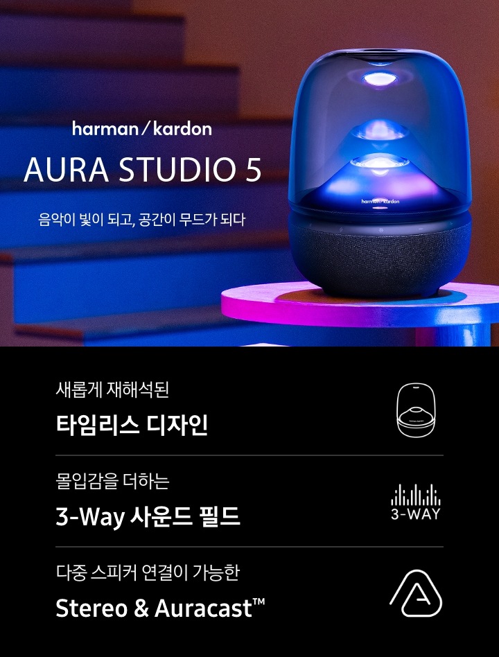 계단 앞 테이블 위에 스피커가 놓여 있으며, 스피커에서는 보라색 불빛이 나오고 있습니다. 스피커 뒤로는 화분들이 보입니다. 스피커 왼쪽으로는 하만카돈 로고와 AURA STUDIO 5 마크가 보입니다. 그 아래는 ‘음악이 빛이 되고, 공간이 무드가 되다’ 문구가 있습니다. 이미지 하단에는 ‘새롭게 재해석된 타임리스 디자인‘, ‘몰입감을 더하는 3-Way 사운드 필드‘, ‘다중 스피커 연결이 가능한 Stereo & Auracast™’ 문구와 아아콘이 있습니다.