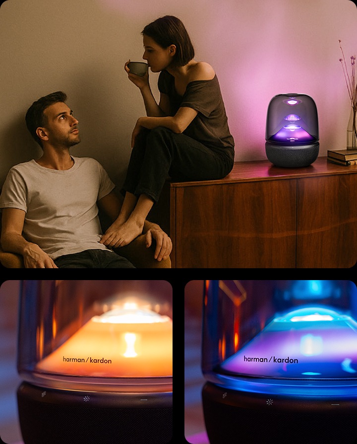 왼 : 서랍장 위에 스피커가 놓여 있으며, 스피커에서는 분홍색 불빛이 나오고 있습니다. 스피커 오른쪽에는 화병과 책이 보힙니다. 왼쪽에는 여성이 서랍장 위에 앉아서 커피를 마시며, 그 옆에 의자에 앉아 있는 남성을 바라보고 있습니다. 오 : 스피커의 버튼 부분이 확대되어 보이며, 상단에는 주황색의 불빛이 하단에는 파란색 불빛이 보입니다.