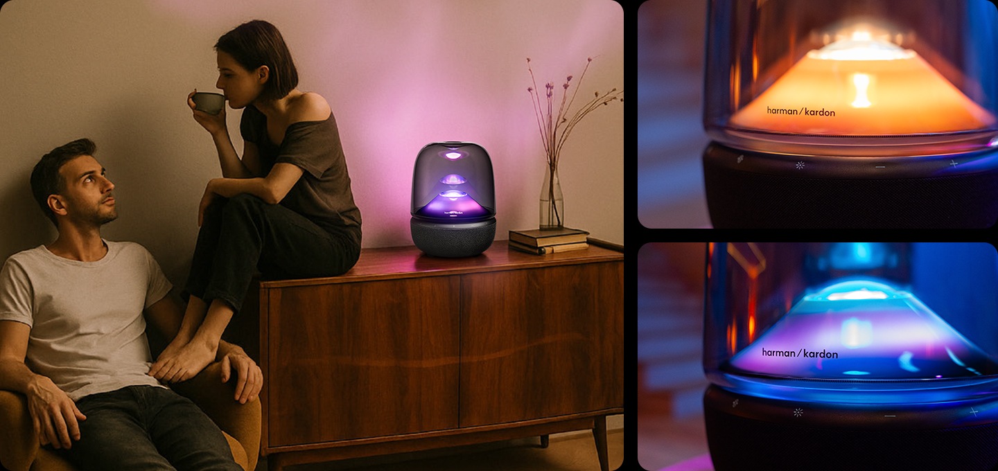 왼 : 서랍장 위에 스피커가 놓여 있으며, 스피커에서는 분홍색 불빛이 나오고 있습니다. 스피커 오른쪽에는 화병과 책이 보힙니다. 왼쪽에는 여성이 서랍장 위에 앉아서 커피를 마시며, 그 옆에 의자에 앉아 있는 남성을 바라보고 있습니다. 오 : 스피커의 버튼 부분이 확대되어 보이며, 상단에는 주황색의 불빛이 하단에는 파란색 불빛이 보입니다.