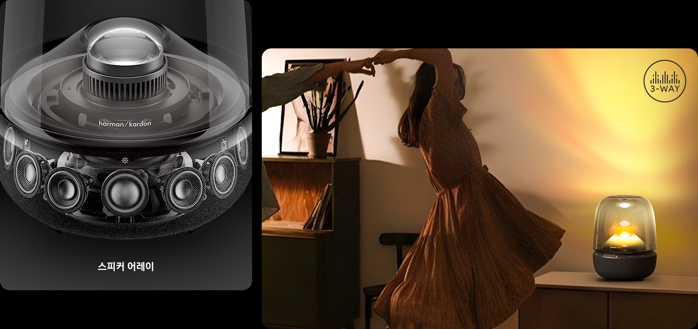 왼 : 스피커 내 스피커 어레이가 보입니다. 오 : 노란색 불빛이 들어온 스피커 앞에서 여성이 춤을 추고 있습니다.