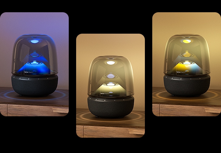 왼쪽부터 파란색, 노란색, 노란색과 파란색 불빛이 들어온 스피커가 보입니다.