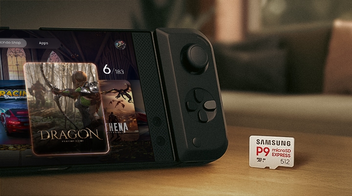 왼쪽에 여러 종류의 게임이 보이는 게임 기기가 있고 그 옆에 P9 Express 메모리카드 제품이 보이고 있습니다.