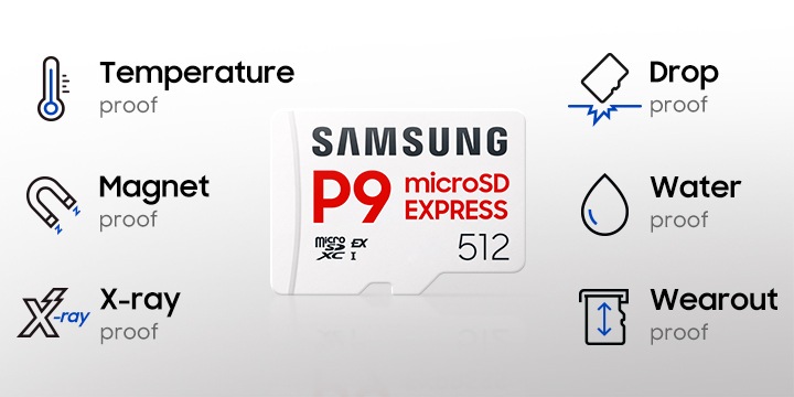가운데에 P9 Express 메모리카드 제품이 있고 왼쪽 위부터 ‘temperature proof’, ‘magnet proof’, ‘X-ray proof’, ‘drop proof’, ‘water proof’, ‘wearout proof’ 텍스트와 아이콘이 있습니다.