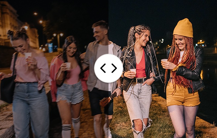 어둑한 밤, 네 명의 여성과 한 명의 남성이 음료를 들고 함께 가로등 불빛 아래를 걷고 있습니다. 이미지는 세로로 이분할 하여 나타나며 왼쪽은 어둡고 차분한 분위기, 오른쪽은 밝고 생생한 분위기로 대비를 이룹니다. 오른쪽 이미지에서는 노란색 비니, 찢어진 청바지, 물 위 반사와 같은 세부적인 요소들이 더욱 또렷하게 표시됩니다.