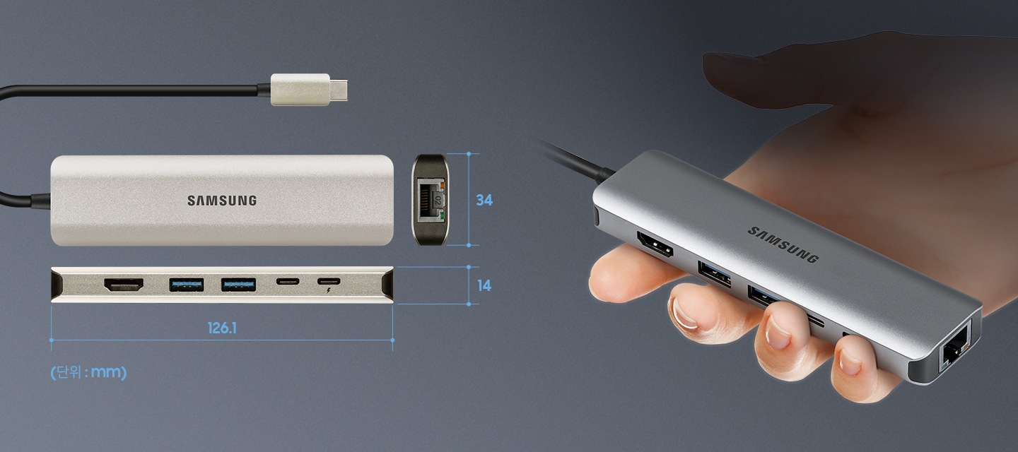멀티 허브를 손에 쥐고 있는 모습과 멀티 허브의 각 가로(126.1mm), 세로(34mm), 두께(14mm)를 보여줍니다.