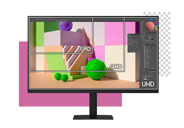 모니터 화면에 FHD, GHD , UHD 영역이 나뉘어져 있는 연출된 이미지 입니다.