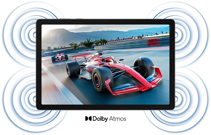 갤럭시 탭 A11+가 화면이 나타나도록 가로로 놓여 있습니다. 화면에는 레이싱카와 함께 모터스포츠 트랙 경주 장면이 표시됩니다. 기기의 네 모서리에는 원형으로 퍼지는 파동이 있습니다. 이 선은 Dolby Atmos 쿼드 스피커의 고품질 서라운드 사운드 시스템을 나타냅니다. 기기 아래에 브랜드 로고 아이콘과 함께 Dolby Atmos 문구가 적혀 있습니다.