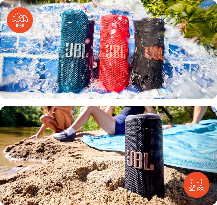 좌측에는 수영장 안에 스피커 3대가 놓여 있습니다. 우측에는 모래사장에 스피커가 놓여 있습니다.