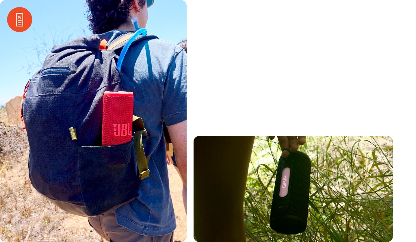 좌측에는 남성이 맨 가방 주머니에 스피커가 들어가 있습니다. 우측에는 스피커를 들고 있는 손이 보입니다.