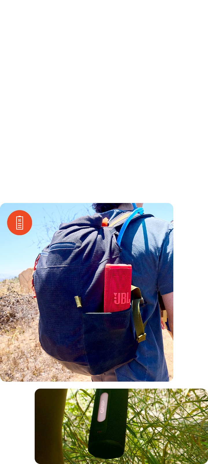 좌측에는 남성이 맨 가방 주머니에 스피커가 들어가 있습니다. 우측에는 스피커를 들고 있는 손이 보입니다.