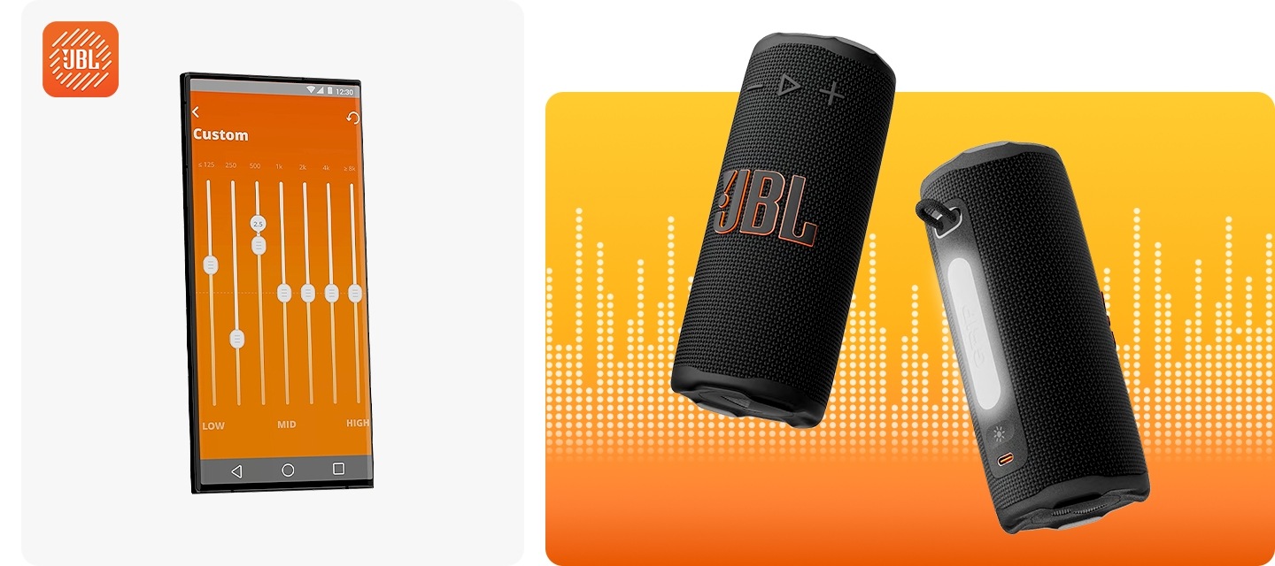 좌측에는 핸드폰이 놓여 있고, 화면에는 JBL Portable 앱 화면이 보입니다. 우측에는 스피커 두대가 놓여 있으며, 스피커 뒤로 음향효과가 보입니다.