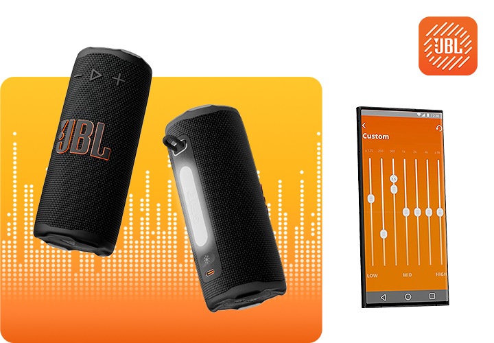 좌측에는 핸드폰이 놓여 있고, 화면에는 JBL Portable 앱 화면이 보입니다. 우측에는 스피커 두대가 놓여 있으며, 스피커 뒤로 음향효과가 보입니다.