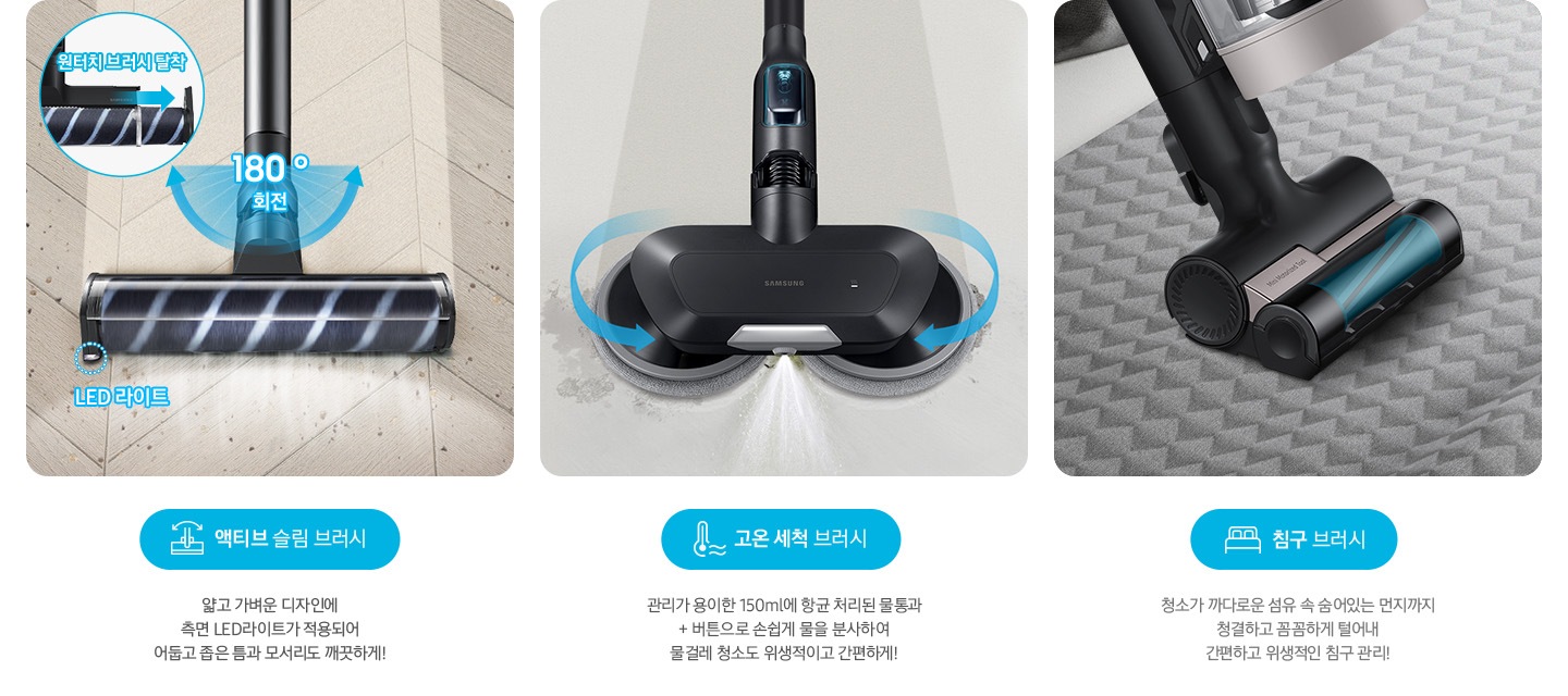 왼쪽부터 Bespoke 제트의 전용 브러시가 각 각의 네모 칸 안에 나열되어 있습니다. 가장 첫 번째는 헤링 본 패턴 마루 위 부스러기를 청소 중인 액티브 슬림 브러시가 확대되어 보입니다. 브러시의 가장 가운데 LED 라이트는 on 상태로 파란색 점선으로 LED 라이트 위치 표시와 문구가 함께 적혀 있습니다. 브러시와 스틱을 연결하는 부분에는 180˚ 회전 글자와 함께 움직임이 가능하다는 표현을 파란색 화살표를 통해 보여주고 있습니다. 브러시 칸 왼쪽 상단에는 원형으로 내부 융 브러시 탈착 방법을 확대하여 보여주고 있고, 원터치 브러시 탈착이라는 문구와 함께 브러시 탈착 방향을 파란색 화살표로 보여주고 있습니다. 브러시 칸 아래에는 파란색 바탕 위에 액티브 슬림 브러시 아이콘과 액티브 슬림 브러시 문구가 적혀 있습니다. 그 아래 얇고 가벼운 디자인에 측면 LED 라이트가 적용되어 어둡고 좁은 틈과 모서리도 깨끗하게!라는 설명 이 적혀 있습니다. 두 번째 박스에는 회색의 바닥 위를 청소 중인 고온 세척 브러시가 보입니다. 청소기가 지나 온 영역은 진한 회색으로 표현되어 있고 최전 중인 좌, 우 브러시의 방향은 파란색 화살표를 통해 보여주고 있습니다. 브러시 가장 앞쪽 가운데에서 가열된 고온수가 분사 중인 모습이 함께 보입니다. 브러시 칸 아래에는 파란색 바탕 위에 고온을 표현하는 온도계 아이콘과 고온 세척 브러시 문구가 적여 있습니다. 그 아래 관리가 용이 간 150 ml에 항균 처리된 물통과 + 버튼으로 손쉽게 물을 분사하여 물걸레 청소도 위생적이고 간편하게!라는 설명이 적혀 있습니다. 세 번째 박스에는 회색 삼각 무늬 침구 위를 청소 중인 침구 브러시 가 확대되어 보입니다. 브러시 회전 방향은 파란색 화살표로 표시되어 있습니다. 브러시 칸 아래에는 파란색 바탕 위에 침대 모양의 아이콘과 침구 브러시가 적혀 있습니다. 그 아래 청소가 까다로운 섬유 속 숨어있는 먼지까지 청결하고 꼼꼼하게 털어내 간편하고 위생적인 침구 관리!라는 설명이 적혀 있습니다.