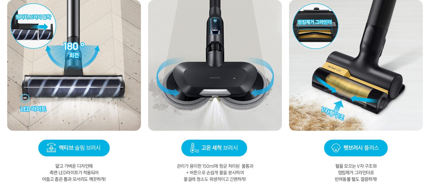 왼쪽부터 Bespoke 제트의 전용 브러시가 각 각의 네모 칸 안에 나열되어 있습니다. 가장 첫 번째는 헤링 본 패턴 마루 위 부스러기를 청소 중인 액티브 슬림 브러시가 확대되어 보입니다. 브러시의 가장 가운데 LED 라이트는 on 상태로 파란색 점선으로 LED 라이트 위치 표시와 문구가 함께 적혀 있습니다. 브러시와 스틱을 연결하는 부분에는 180˚ 회전 글자와 함께 움직임이 가능하다는 표현을 파란색 화살표를 통해 보여주고 있습니다. 브러시 칸 왼쪽 상단에는 원형으로 내부 융 브러시 탈착 방법을 확대하여 보여주고 있고, 원터치 브러시 탈착이라는 문구와 함께 브러시 탈착 방향을 파란색 화살표로 보여주고 있습니다. 브러시 칸 아래에는 파란색 바탕 위에 액티브 슬림 브러시 아이콘과 액티브 슬림 브러시 문구가 적혀 있습니다. 그 아래 얇고 가벼운 디자인에 측면 LED 라이트가 적용되어 어둡고 좁은 틈과 모서리도 깨끗하게!라는 설명 이 적혀 있습니다. 두 번째 박스에는 회색의 바닥 위를 청소 중인 고온 세척 브러시가 보입니다. 청소기가 지나 온 영역은 진한 회색으로 표현되어 있고 최전 중인 좌, 우 브러시의 방향은 파란색 화살표를 통해 보여주고 있습니다. 브러시 가장 앞쪽 가운데에서 가열된 고온수가 분사 중인 모습이 함께 보입니다. 브러시 칸 아래에는 파란색 바탕 위에 고온을 표현하는 온도계 아이콘과 고온 세척 브러시 문구가 적여 있습니다. 그 아래 관리가 용이 간 150 ml에 항균 처리된 물통과 + 버튼으로 손쉽게 물을 분사하여 물걸레 청소도 위생적이고 간편하게!라는 설명이 적혀 있습니다. 세번째는 세 번째 박스에는 펫 털을 흡입 중인 펫 브러시 플러스가 확대되어 보입니다. 브러시 앞 쪽으로는 펫 털이 있고 회전 중인 펫 브러시 플러스 앞쪽으로 엉킴 없이 흡입이 가능한 V자형 구조 문구와 함께 파란색 화살표로 브러시 구조를 알려주고 있습니다. 박스 왼쪽 상단에는 원형 칸 안에 브러시 하단 엉킴 제거 그라인더를 확대하여 보여주고 있습니다. 브러시 칸 아래에는 파란색 바탕 위에 강아지 아이콘과 펫 브러시 플러스 문구가 적혀 있습니다. 그 아래 털을 모으는 V자 구조와 엉킴 제거 그라인더로 반려동물 털도 깔끔하게!라는 설명이 적혀 있습니다.