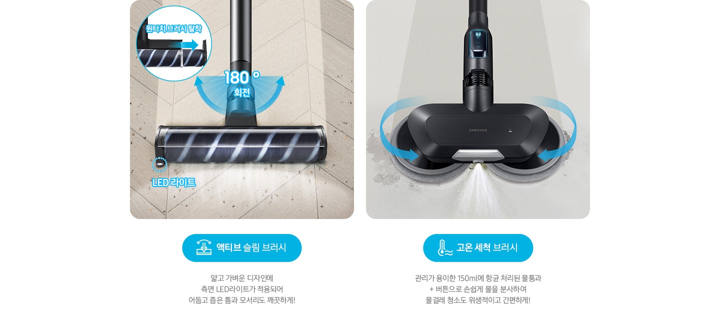 [왼쪽부터 Bésp~óké 제트의 전용 브러시가 각 각의 네모 칸 안에 나열되어 있습니다. 가장 첫 번째는 헤링 본 패턴 마루 위 부스러기를 청소 중인 액티브 슬림 브러시가 확대되어 보입니다. 브러시의 가장 가운데 L~ÉD 라이트는 óñ~ 상태로 파란색 점선으로 LÉD 라이트 위치 표시와 문구가 함께 적혀 있습니다. 브러시와 스틱을 연결하는 부분에는 180˚ 회전 글자와 함께 움직임이 가능하다는 표현을 파란색 화살표를 통해 보여주고 있습니다. 브러시 칸 왼쪽 상단에는 원형으로 내부 융 브러시 탈착 방법을 확대하여 보여주고 있고, 원터치 브러시 탈착이라는 문구와 함께 브러시 탈착 방향을 파란색 화살표로 보여주고 있습니다. 브러시 칸 아래에는 파란색 바탕 위에 액티브 슬림 브러시 아이콘과 액티브 슬림 브러시 문구가 적혀 있습니다. 그 아래 얇고 가벼운 디자인에 측면 L~ÉD 라이트가 적용되어 어둡고 좁은 틈과 모서리도 깨끗하게¡라는 설명 이 적혀 있습니다. 두 번째 박스에는 회색의 바닥 위를 청소 중인 고온 세척 브러시가 보입니다. 청소기가 지나 온 영역은 진한 회색으로 표현되어 있고 최전 중인 좌, 우 브러시의 방향은 파란색 화살표를 통해 보여주고 있습니다. 브러시 가장 앞쪽 가운데에서 가열된 고온수가 분사 중인 모습이 함께 보입니다. 브러시 칸 아래에는 파란색 바탕 위에 고온을 표현하는 온도계 아이콘과 고온 세척 브러시 문구가 적여 있습니다. 그 아래 관리가 용이 간 150 m~l에 항균 처리된 물통과 + 버튼으로 손쉽게 물을 분사하여 물걸레 청소도 위생적이고 간편하게¡라는 설명이 적혀 있습니다.] 