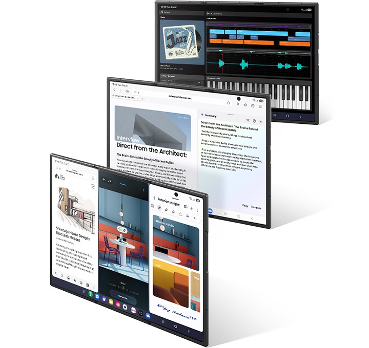 세 대의 갤럭시 Z 트라이폴드가 메인 디스플레이를 드러내며 세워져 있습니다. 첫 번째 기기에는 3개의 앱이 나란히 열려 있습니다. 두 번째 기기에는 2개의 앱이 나란히 열려있는 분할 화면이 나타납니다. 마지막 기기에는 메인 디스플레이에 음악 믹싱 앱이 활성화되어 있습니다.