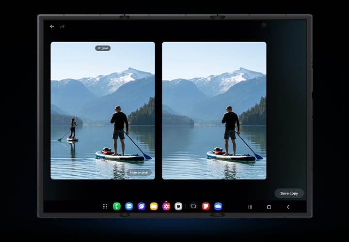 펼쳐진 갤럭시 Z 트라이폴드입니다. 한 사람이 해변에 있는 사진이 포토 어시스트로 편집되고 있습니다. 메인 디스플레이에는 원본 사진과 Galaxy AI로 편집한 사진이 나란히 표시되어 Galaxy AI가 원본 사진의 보트를 어떻게 제거했는지 알려줍니다.