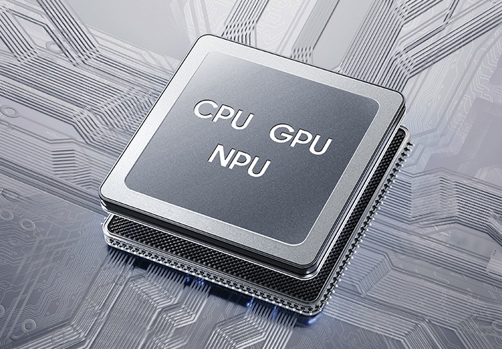 갤럭시 Z 트라이폴드 내부의 칩셋입니다. 칩 상단에 CPU, GPU, NPU라고 표시되어 있습니다.