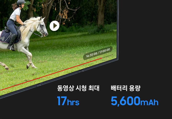 영상을 재생 중인 갤럭시 Z 트라이폴드 메인 디스플레이 모서리의 클로즈업입니다. 영상은 17시간 길이로 갤럭시 Z 트라이폴드의 긴 배터리 수명을 알려줍니다. 최대 17시간까지 영상 시청. 배터리 용량 5600mAh라고 표시되어 있습니다.