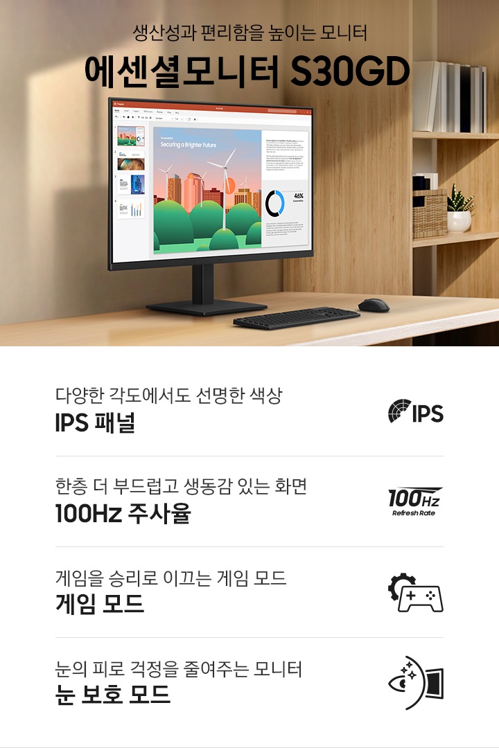 생산성과 편리함을 높이는 모니터 에센셜모니터 S30GD. 밝은 우드톤 데스크 위에 에센셜모니터가 놓여있습니다. 하단에는 에센셜모니터의 특장점 4가지가 아이콘과 함께 나와있습니다. 다양한 각도에서도 선명한 색상 IPS 패널 문구와 아이콘, 한층 더 부드럽고 생동감 있는 화면 100Hz 주사율 문구와 아이콘, 게임을 승리로 이끄는 게임 모드 문구와 아이콘, 눈의 피로 걱정을 줄여주는 모니터 눈 보호 모드 문구와 아이콘.
