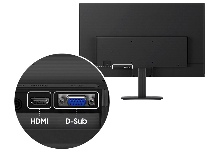 모니터 후면 제품컷이 나와있고 포트 부분을 확대하고 있습니다. HDMI, D-Sub 포트 확대컷이 나와있습니다.