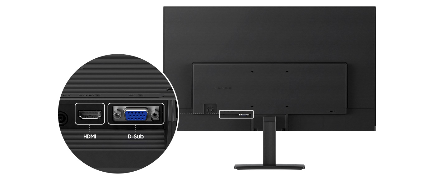 모니터 후면 제품컷이 나와있고 포트 부분을 확대하고 있습니다. HDMI, D-Sub 포트 확대컷이 나와있습니다.