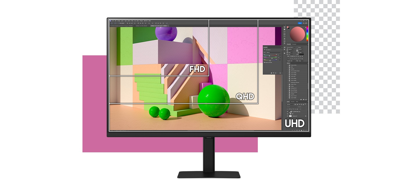 모니터 화면에 FHD, GHD, UHD 해상도를 표현한 연출된 이미지 입니다.