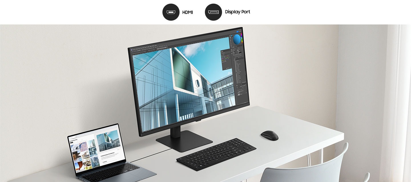 데스크 위에 노트북과 모니터가 놓여있는 이미지로 이미지 상단에는 HDMI, Display Port 문구와 아이콘이 나와있습니다.