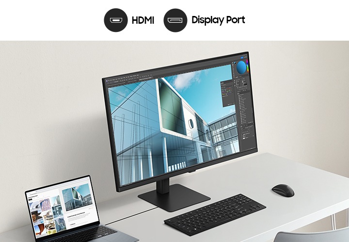 데스크 위에 노트북과 모니터가 놓여있는 이미지로 이미지 상단에는 HDMI, Display Port 문구와 아이콘이 나와있습니다.
