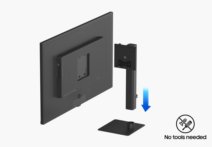 모니터와 스탠드를 조립하는 이미지가 연출되어 있고 이미지 우측 하단에 No tools needed 문구가 아이콘과 함께 나와있습니다.