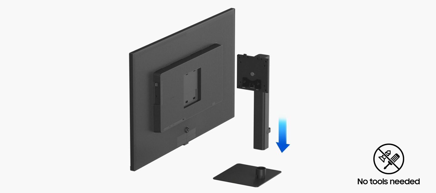 모니터와 스탠드를 조립하는 이미지가 연출되어 있고 이미지 우측 하단에 No tools needed 문구가 아이콘과 함께 나와있습니다.