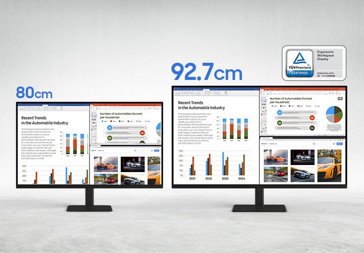 80cm 모니터와 92.7cm 모니터를 비교한 이미지 입니다. TUV 인증 로고가 나와있습니다.