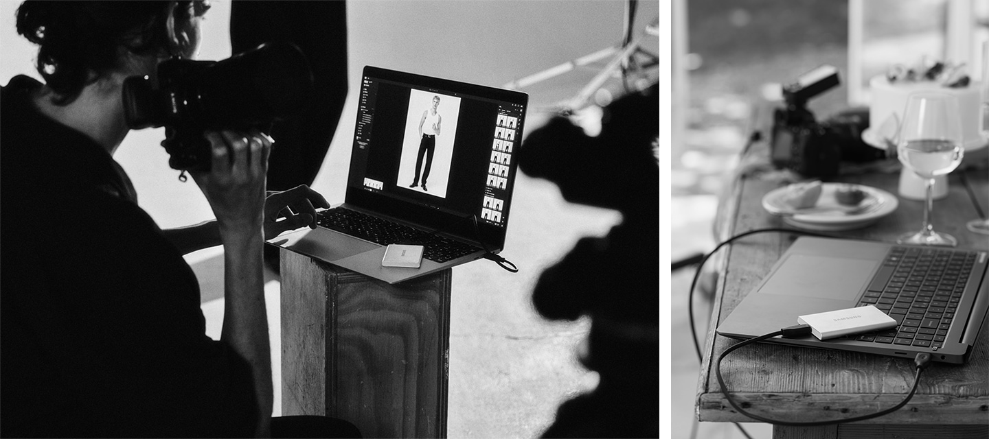 이미지 두 개가 있습니다. 왼쪽 이미지에서는 한 손에 카메라를 든 사람이 노트북에 외장 SSD를 연결한 채 촬영한 이미지를 확인하고 있으며, 우측 이미지에서는 카메라, 그릇, 와인잔 등이 놓인 테이블 위에 외장 SSD가 연결된 노트북이 있습니다.