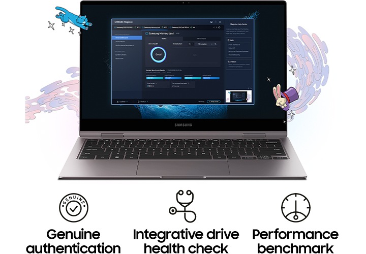 흰색 배경에 노트북이 켜진 화면에 Magician 소프트웨어를 사용하는 화면을 보여주는 이미지입니다. 노트북 뒤에는 액체가 흘러가는 그림 주위로 고양이 그림과 모자 안에 토끼가 있는 그림이&nbsp;둘러싸여&nbsp;있고 이미지 중앙 하단에는 왼쪽에서 순서대로 Genuine authentication 텍스트와 동그란 원 안에 체크 표시 아이콘, Intergrative drive health check 텍스트와 청진기 모양의 아이콘, Performance benchmark 텍스트와 동그란 원 안에 눈금과 눈금을&nbsp;가리키는&nbsp;아이콘이 있습니다.