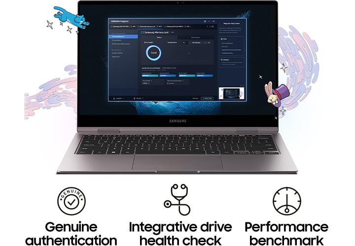 흰색 배경에 노트북이 켜진 화면에 Magician 소프트웨어를 사용하는 화면을 보여주는 이미지입니다. 노트북 뒤에는 액체가 흘러가는 그림 주위로 고양이 그림과 모자 안에 토끼가 있는 그림이&nbsp;둘러싸여&nbsp;있고 이미지 중앙 하단에는 왼쪽에서 순서대로 Genuine authentication 텍스트와 동그란 원 안에 체크 표시 아이콘, Intergrative drive health check 텍스트와 청진기 모양의 아이콘, Performance benchmark 텍스트와 동그란 원 안에 눈금과 눈금을&nbsp;가리키는&nbsp;아이콘이 있습니다.
