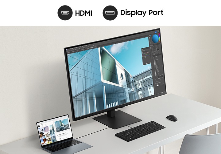 데스크 위에 노트북과 모니터가 놓여있는 이미지로 이미지 상단에는 HDMI, Display Port 문구와 아이콘이 나와있습니다.