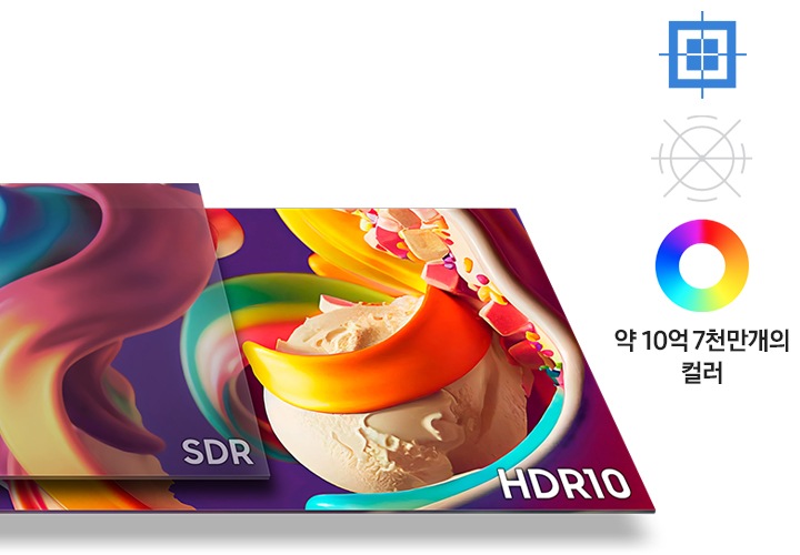 SDR과 HDR10 선명도를 비교한 연출 이미지로 우측에 아이콘과 '약 10억 7천만개의 컬러' 문구가 있습니다.
