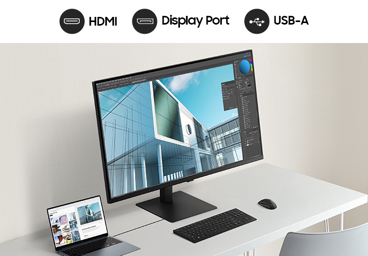 데스크 위에 노트북과 모니터가 놓여있는 이미지로 이미지 상단에는 HDMI, Display Port, USB-A 문구와 아이콘이 나와있습니다.