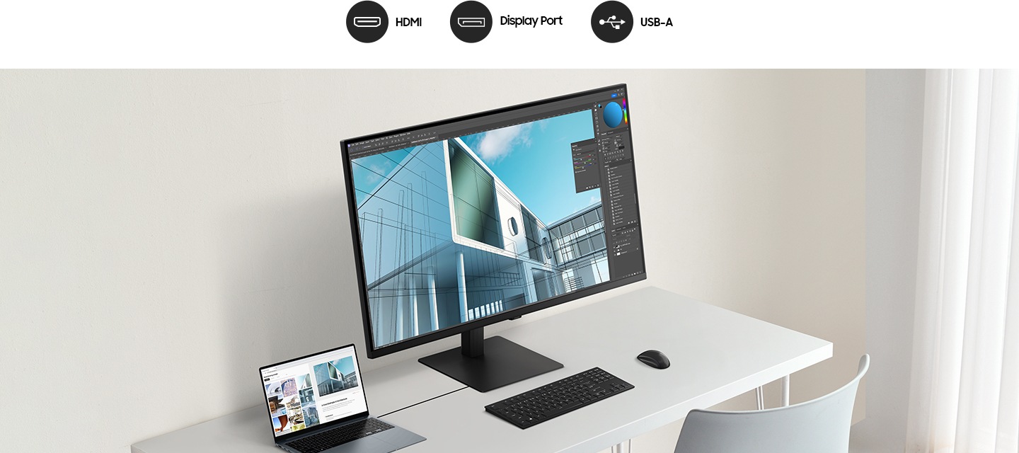 데스크 위에 노트북과 모니터가 놓여있는 이미지로 이미지 상단에는 HDMI, Display Port, USB-A 문구와 아이콘이 나와있습니다.