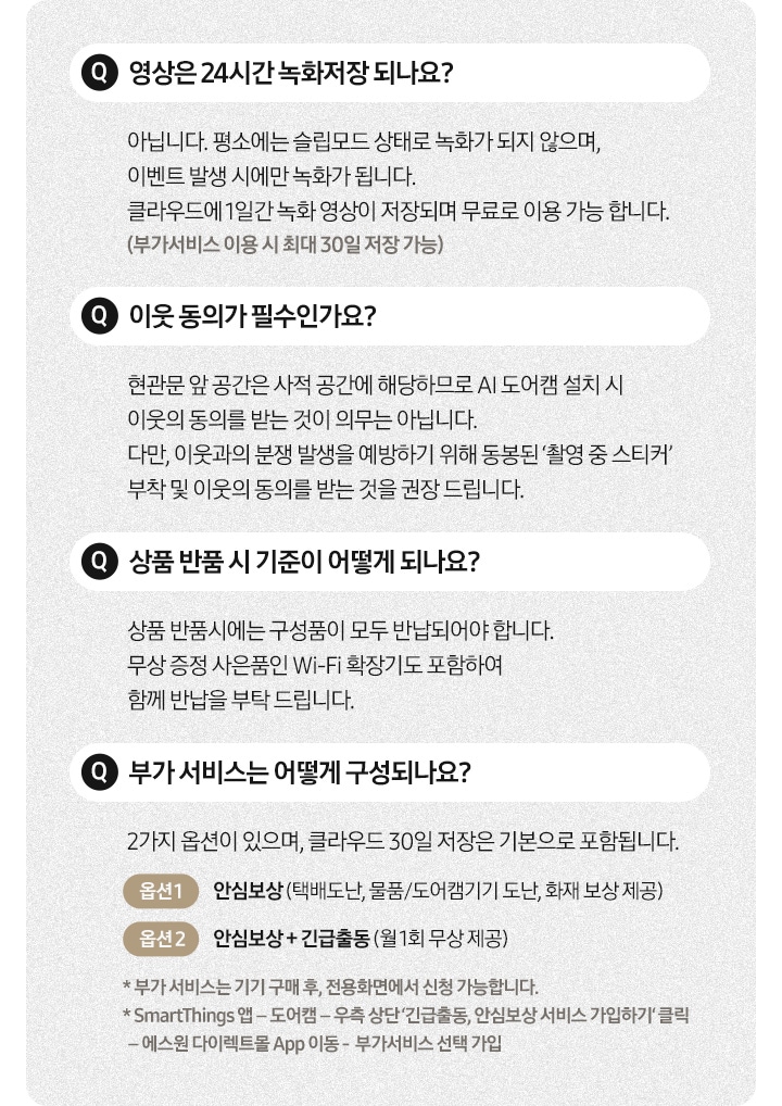 Q.영상은 24시간 녹화저장 되나요? 아닙니다. 평소에는 슬립모드 상태로 녹화가 되지 않으며, 이벤트 발생 시에만 녹화가 됩니다. 클라우드에 1일간 녹화 영성이 저장되며 무료로 이용 가능합니다. (부가서비스 이용 시 최대 30일 저장 가능). Q.이웃 동의가 필수인가요? 현관문 앞 공간은 사적 공간에 해당하므로 AI 도어캠 설치 시 이웃의 동의를 받는 것이 의무는 아닙니다. 다만, 이웃과의 분쟁 발생을 에방하기 위해 동봉된 '촬영 중 스티커' 부착 및 이웃의 동의를 받는 것을 권장 드립니다. Q.상품 반품 시 기준이 어떻게 되나요? 상품 반품시에는 구성품이 모두 반납되어야 합니다. 무상 증정 사은품인 Wi-Fi 중게기도 포함하여 함께 반납을 부탁 드립니다. Q.부가 서비스는 어떻게 구성되나요? 2가지 옵션이 있으며, 클라우드 30일 저장은 기본으로 포함됩니다. 옵션1-안심보상(택배도난, 물품/도어캠기기 도난, 화재 보상 제공). 옵션2-안심보상+긴급출동(월 1회 무상 제공). * 부가 서비스는 기기 구매 후, 전용화면에서 신청 가능합니다. * SmartThings앱-도어캠-우측 상단 '긴급출동, 안심보상 서비스 가입하기' 클릭-에스원 다이렉트몰 App 이동-부가서비스 선택 가입.