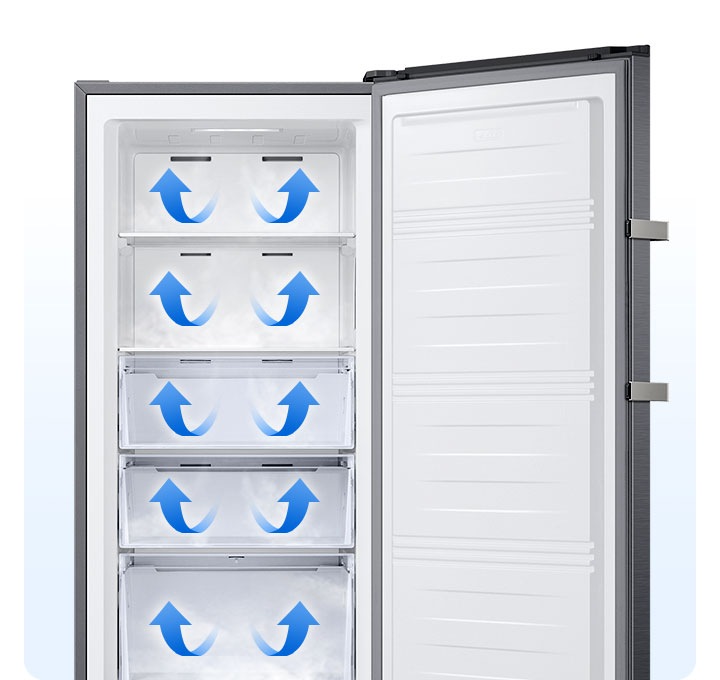 냉장고 내상 칸마다 파란색 상향 화살표가 표시되어 있는 연출된 이미지입니다.