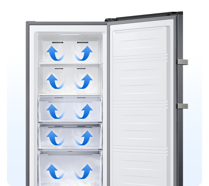 냉장고 내상 칸마다 파란색 상향 화살표가 표시되어 있는 연출된 이미지입니다.