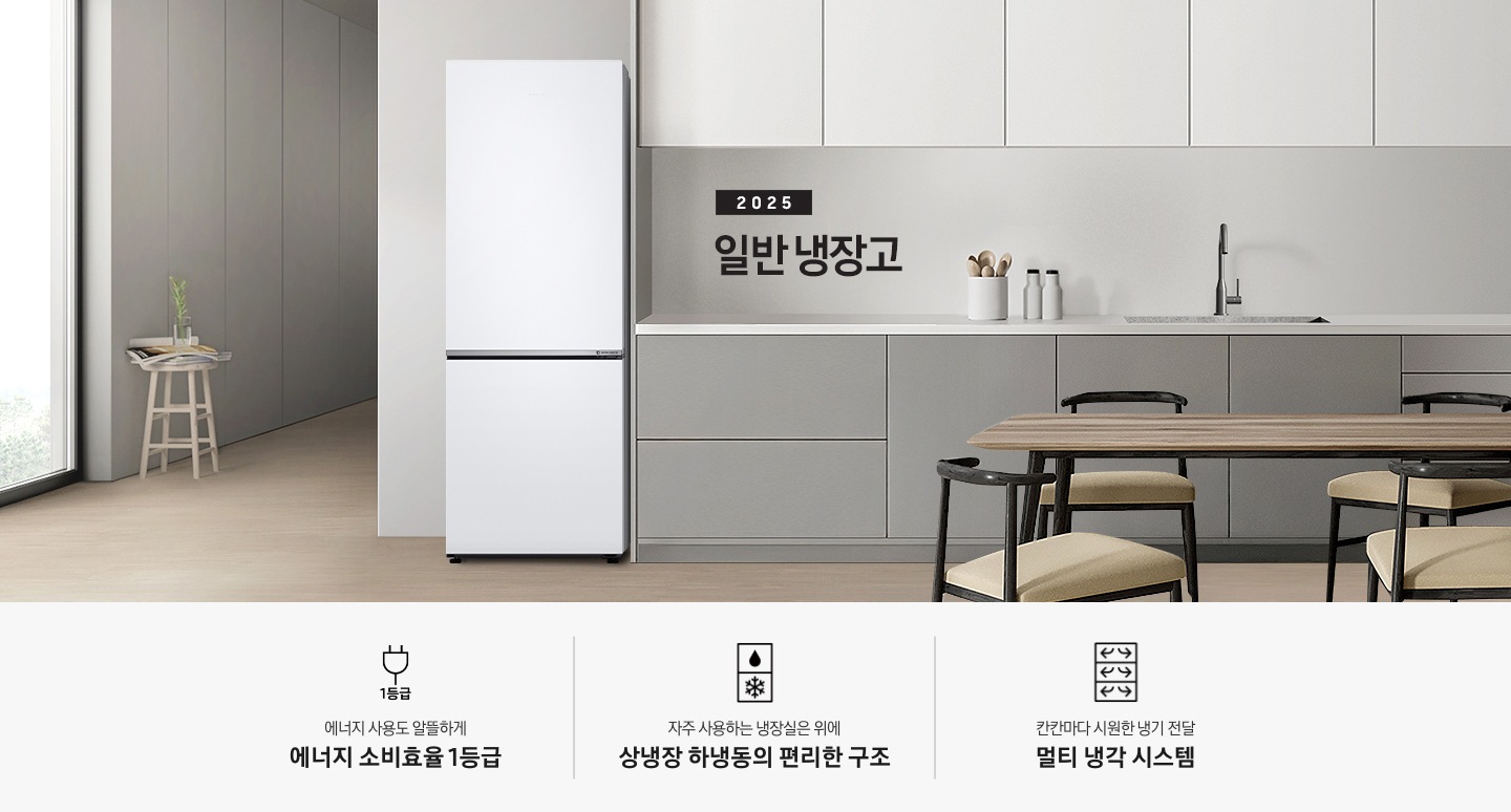 화이트&그레이톤 주방에 냉장고가 설치되어 있습니다. 우측에는 그레이톤 하부장이 보이며 인테리어컷 하단에는 냉장고의 특장점 3가지가 아이콘과 함께 나열되어 있습니다. 에너지 사용도 알뜰하게 에너지 소비효율 1등급 문구와 아이콘, 자주 사용하는 냉장실은 위에 상냉장 하냉동의 편리한 구조 문구와 아이콘, 칸칸마다 시원한 냉기 전달 멀티 냉각 시스템 문구와 아이콘.	