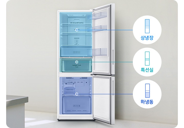 화이트톤 벽면에 설치된 냉장고 문이 열려있고 냉장/특선실/냉동 칸이 각각 표시되어 우측 아이콘과 문구로 함께 나와있습니다.