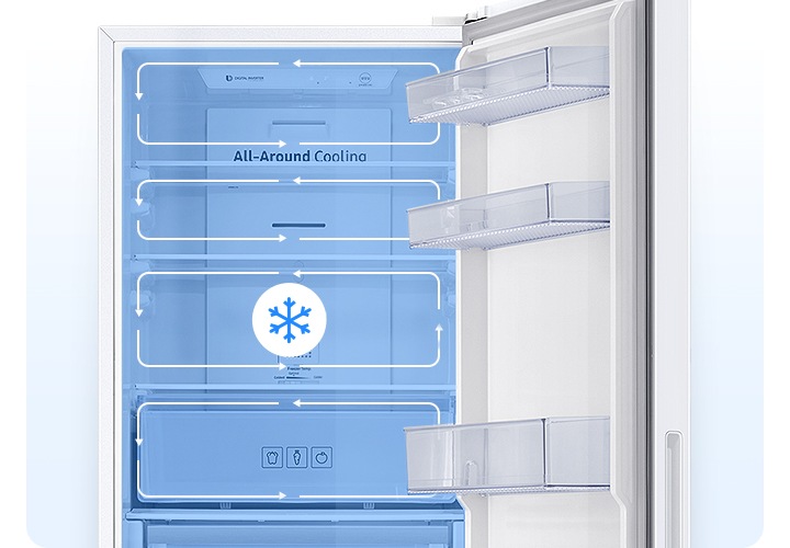 냉장고 문이 열려있고 냉장실 부분이 확대되어 있으며 안쪽 선반마다 냉기가 감도는 모습을 화살표로 나타낸 연출된 이미지 입니다. 가운데에 눈송이 모양 아이콘이 나와있습니다.