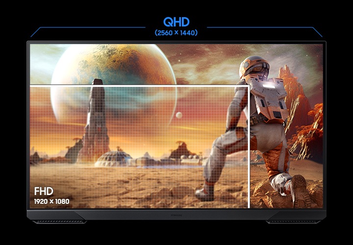 모니터 화면의 일부는 FHD 화질로, 일부는 QHD 화질로 비교하여 차이를 보여줍니다.