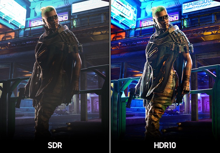 SDR 버전의 화면과 HDR10 버전의 화면을 비교하여 보여줍니다.